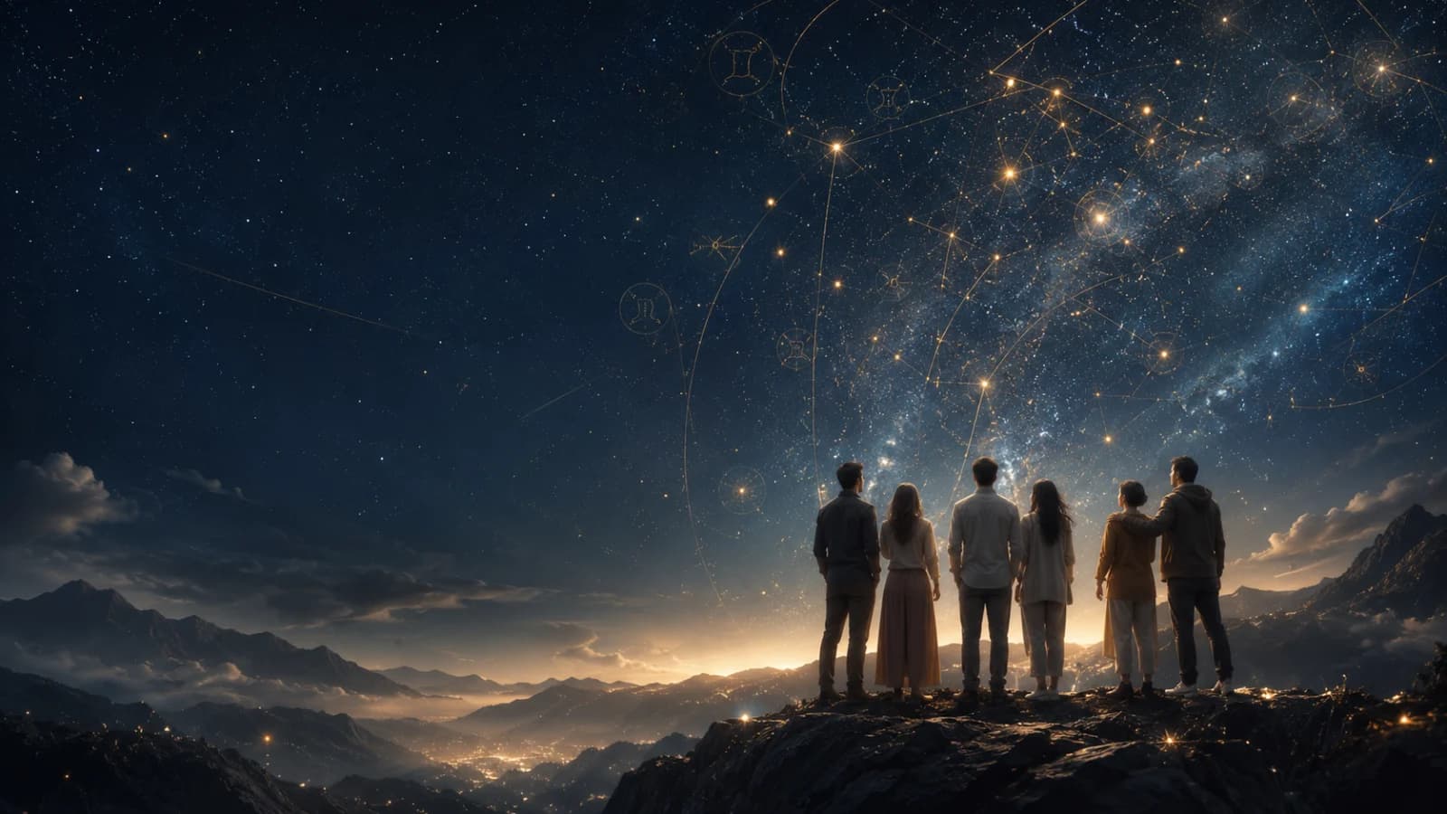 A group gazing at a star-mapped night sky